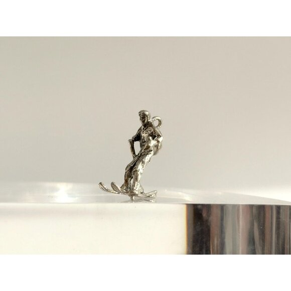 Turquoise Accented Antiqued Sterling Silver Skiier Vintage Pendant | Charm - Picture 7 of 14